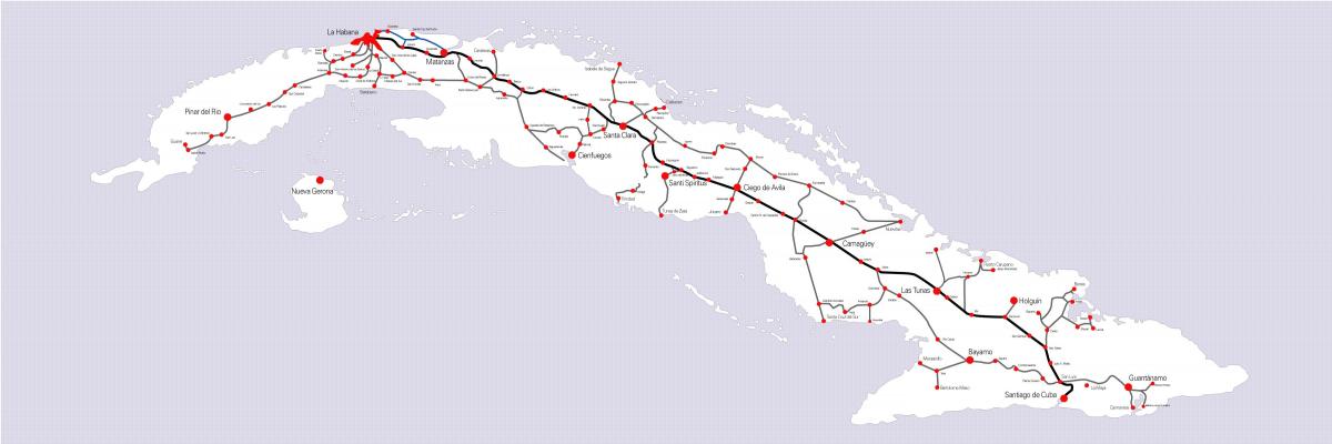Mapa linii kolejowych na Kubie